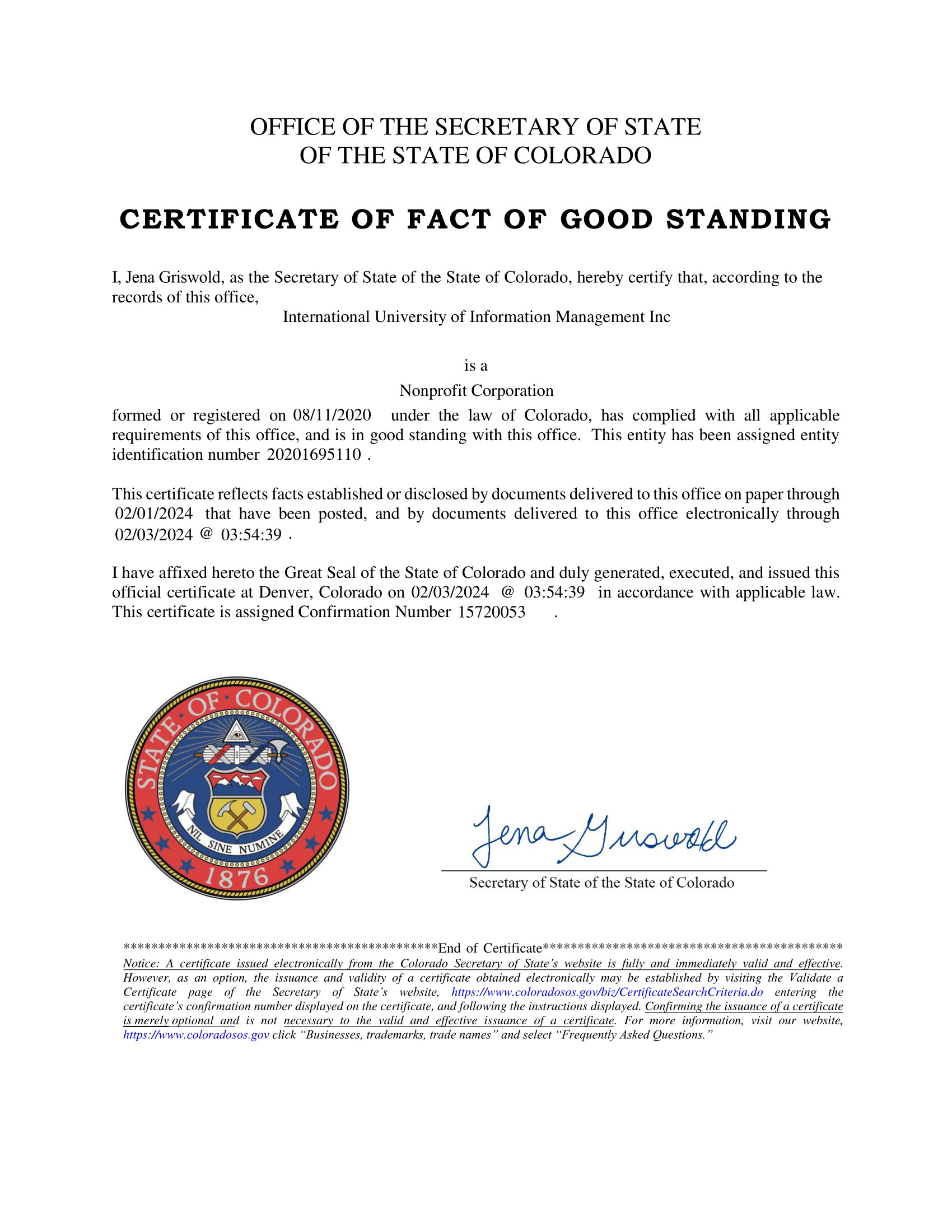 IUIM CERT_GS_D - Certificate of Good Standing